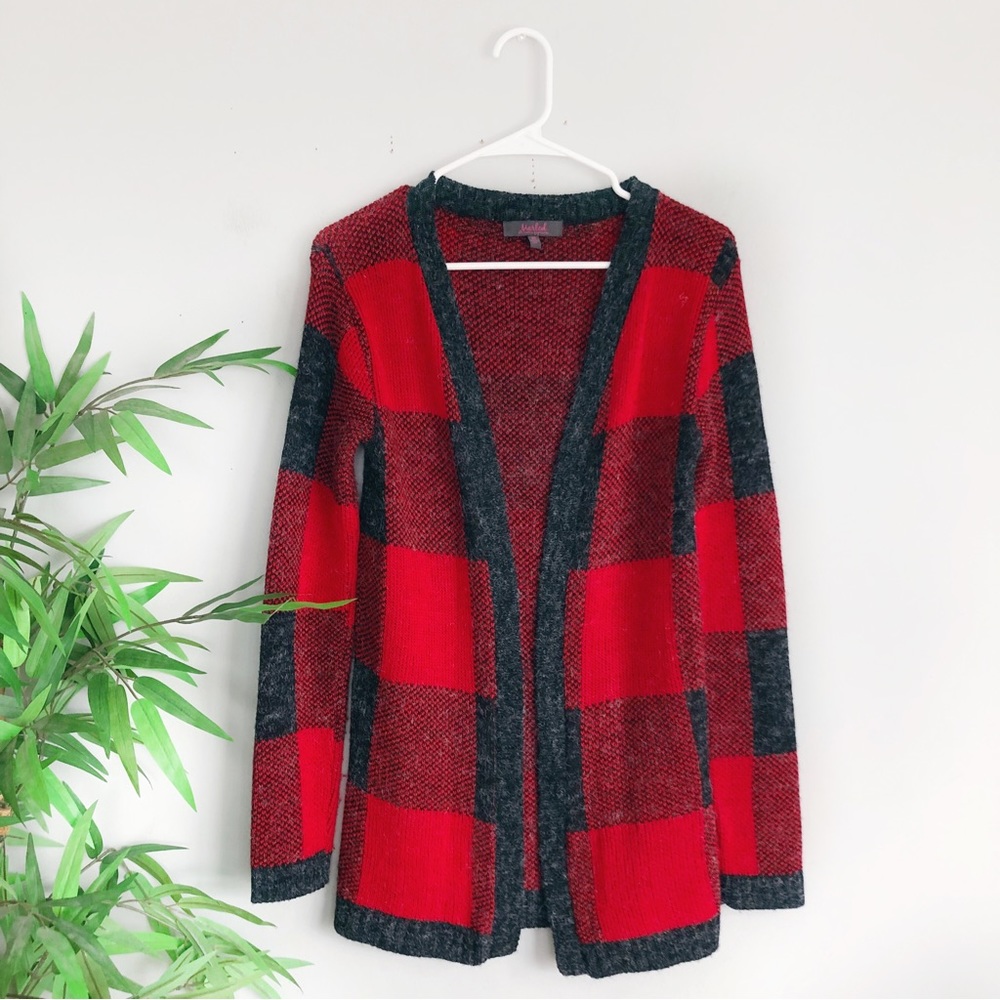 Marled Red and Black Plaid Cardigan